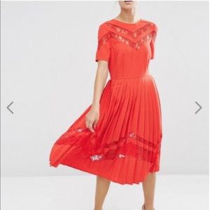 ASOS Premium Red Pleated Midi Dress w/ Lace Insert